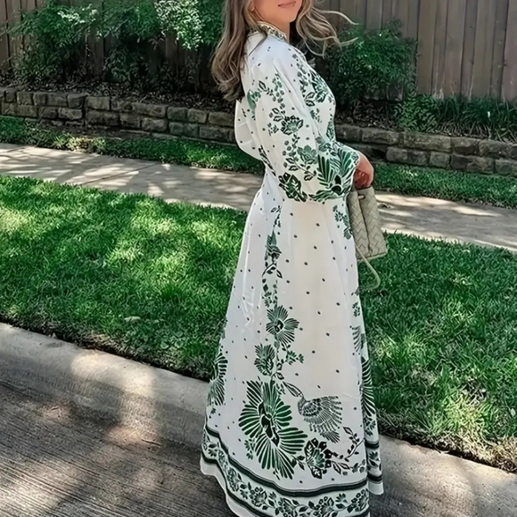 Outstanding green and white border print dress with Vneck button down the front - Picture 3 of 16